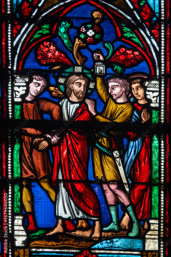 Obraz premium Stained glass (19th century) of the arrest of Jesus.