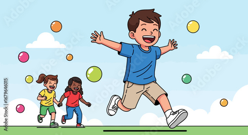 Joyful Children Celebrating Playfully Amidst Bubbles Underneath a Bright Blue Sky