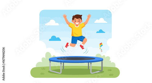 Joyful Youngster Bouncing High on Trampoline During Sunny Day Recreation Activity