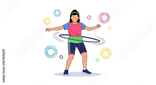 Joyful Young Person Wielding a Hula Hoop in a Playful, Colorful Illustration Style