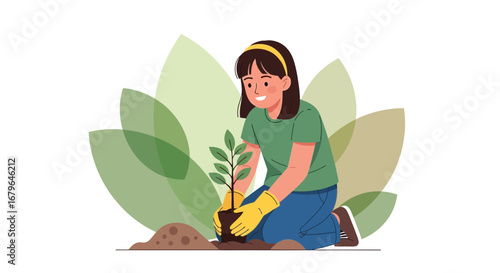 Joyful Young Woman Carefully Planting Seedling, Celebrating Nature's Renewal And Greenery