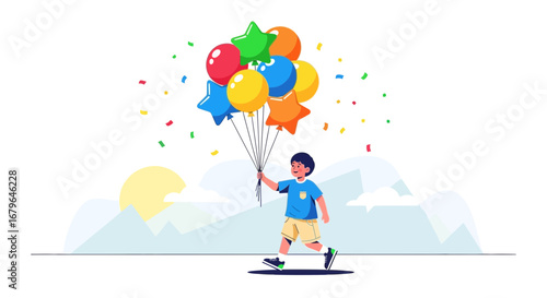 Joyful Youngster Carrying Colorful Balloons Against Landscape on Sunny Day