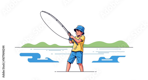 Joyful Youngster Casting Afloat With Fishing Rod, Capturing Aquatic Creature Happiness