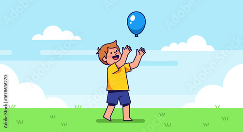Joyful Youngster Chasing A Vibrant Balloon Under A Cheerful Sky And Lush Green Scenery