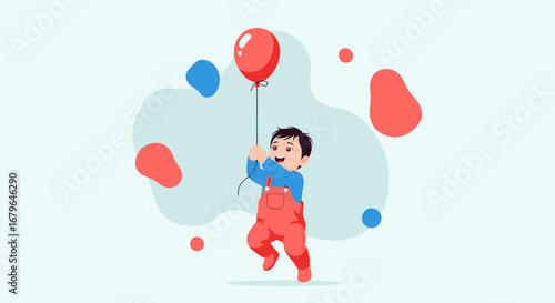 Joyful Youngster Embracing A Shiny Red Balloon, Dancing In A Playful Abstraction