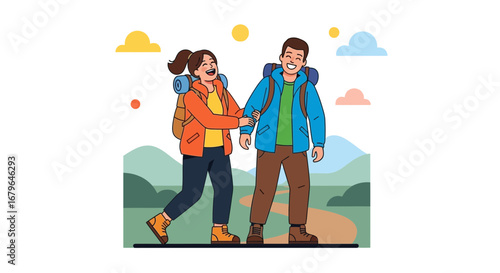 Joyful Couple Hiking Together on a Scenic Trail, Celebrating Adventure and Exploration