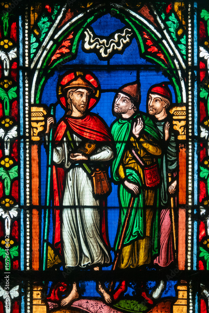 Fototapeta premium Stained (19th century) glass of Jesus and the Emmaus pilgrims.