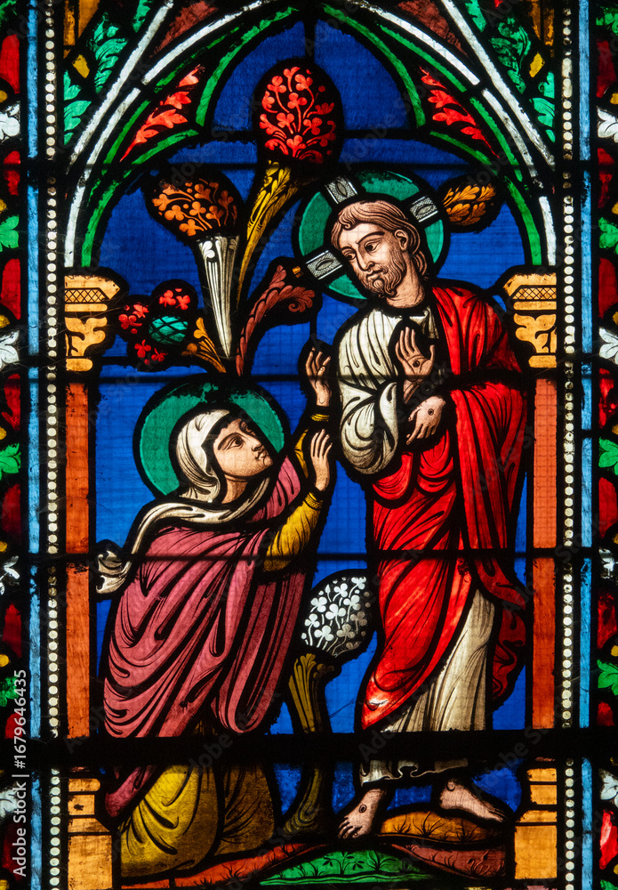 Fototapeta premium Stained glass (19th century) of Apparition of Christ to Mary Magdalene after the Resurrection.