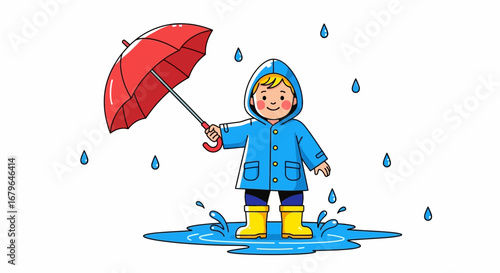 Joyful Youngster In A Blue Raincoat Exploring A Puddle During A Downpour