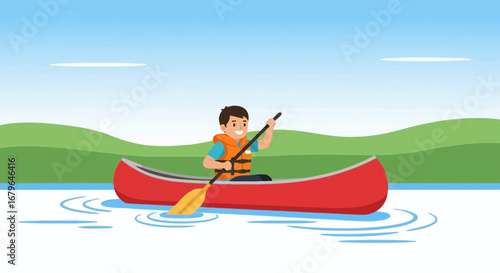 Joyful Youngster Paddles Recreational Kayak Across Tranquil Freshwater Body