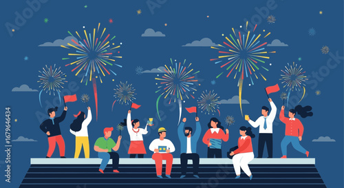Joyful Crowd Celebrating Event With Fireworks Under A Sparkling Night Sky Scene