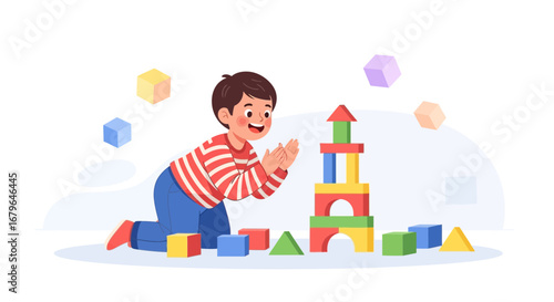 Joyful Youngster Playing With Colorful Blocks in a Fun and Creative Activity