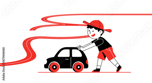 Joyful Youngster Pushing Toy Car On A Winding Red Road Path To Adventure