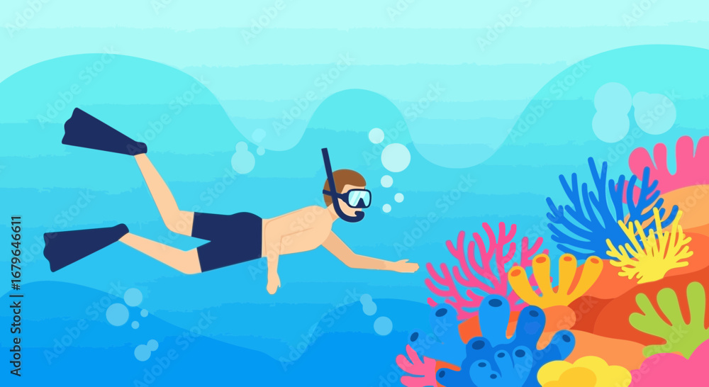 Fototapeta premium Vibrant Scuba Diver Exploring Colorful Reef Surrounded by Bubbles in Deep Blue Ocean