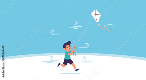 Joyful Youth Flying A Kite In The Open Air On A Sunny Day Recreation