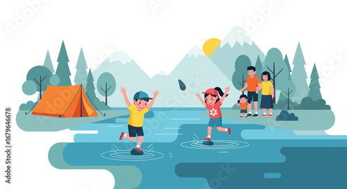 Joyful Family Embraces Nature's Charm, Camping Adventure, Lakeside Playtime Together