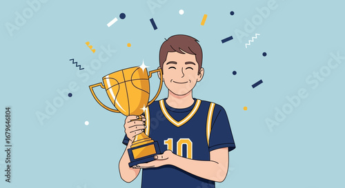 Victorious Athlete Celebrates Championship Glory With Golden Trophy And Joyous Expression