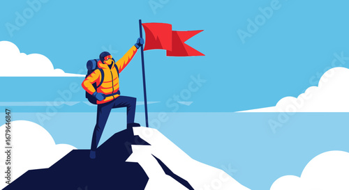 Victorious Climber Standing At The Summit And Celebrating With A Red Flag Raising