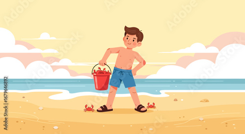 Joyful Boy Holds Crab-Filled Pail on Sandy Beach Amidst Picturesque Coastal Scenery