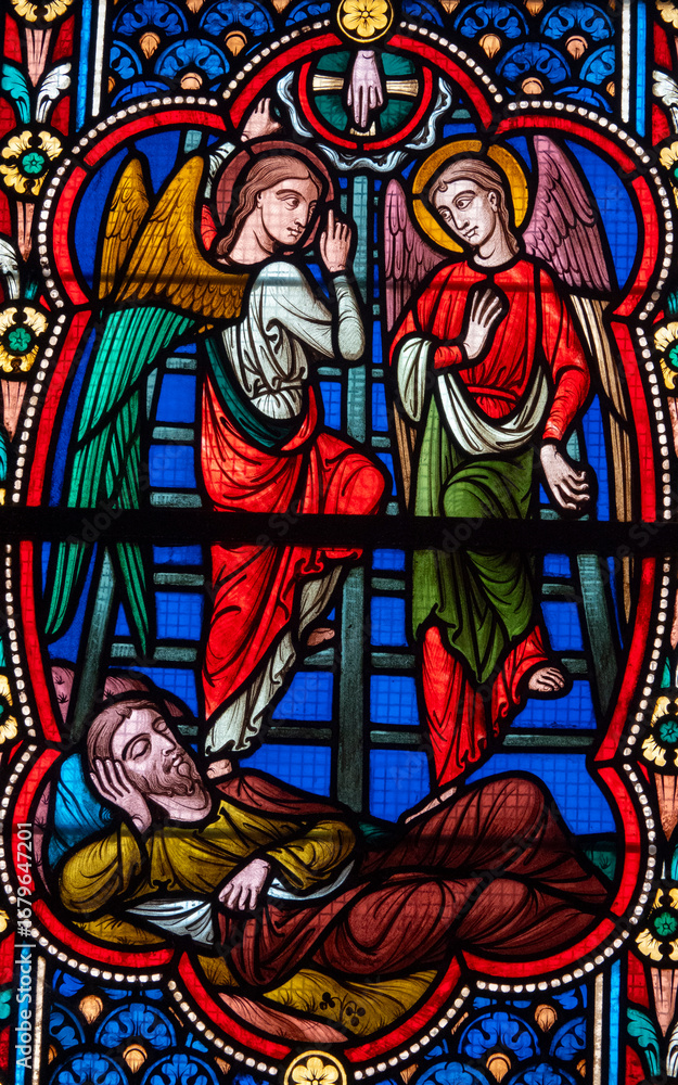 Obraz premium Stained glass (19th century) of Jacob's ladder or Jacob's dream.