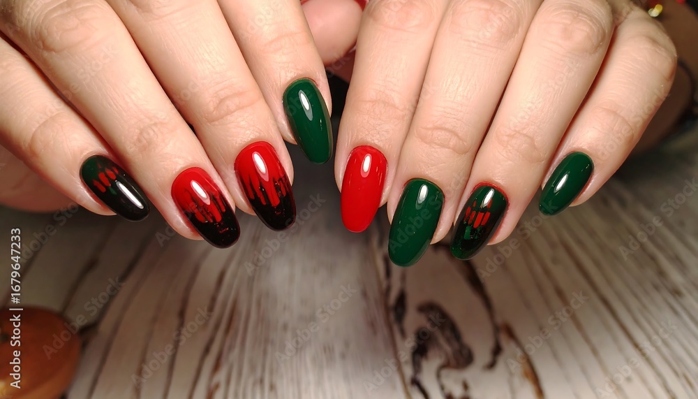 Close-up of manicured nails with red, black, and green designs