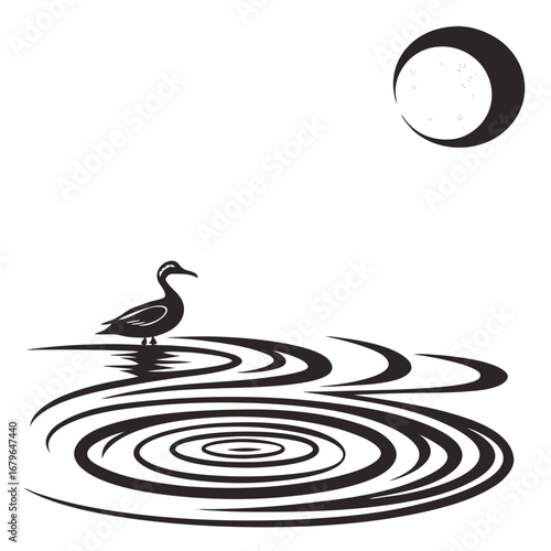 Moon shining above spiral water silhouette
