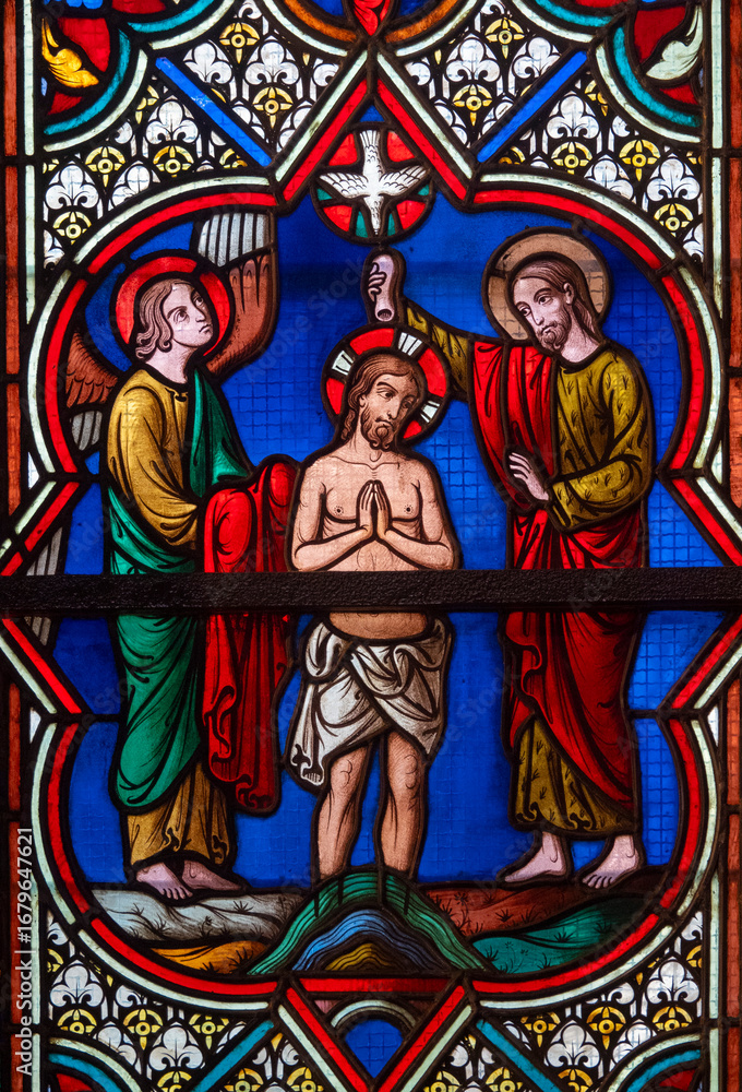 Fototapeta premium Stained glass (19th century) of Baptism of Jesus by John the Baptist in the Jordan river.