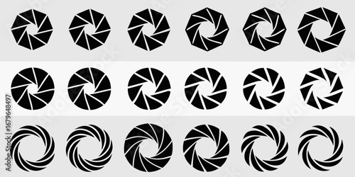 Collection of black camera aperture diaphragm blades in circular and hexagonal shapes