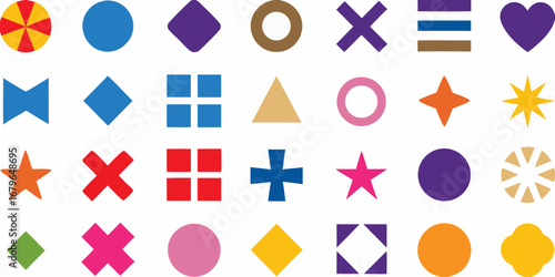 Collection of colorful geometric shapes and symbols arranged in a grid pattern on a white background