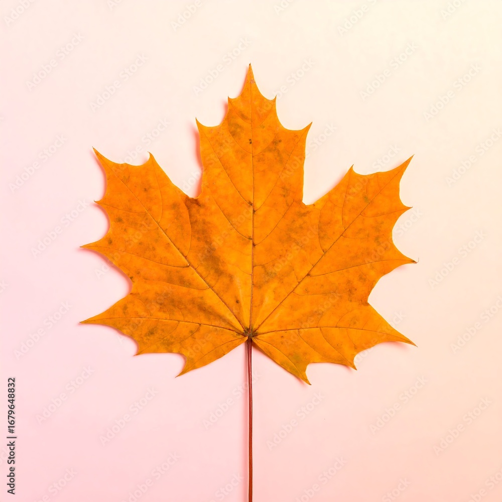 Fototapeta premium A single vibrant orange maple leaf on a light pink background with a subtle gradient.