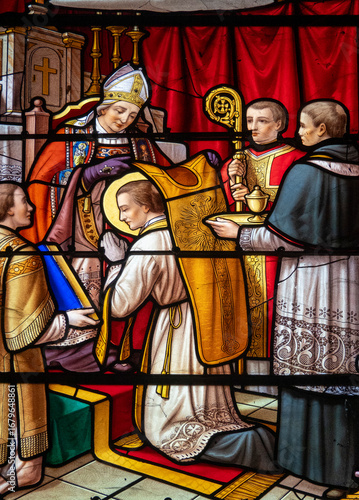 Photos Stained glass (1914) of ordination of saint John Mary Vianney the Holy priest of Ars