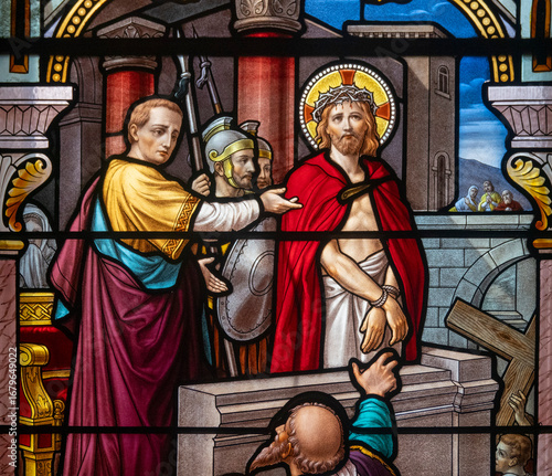 Stained glass (1914) of The Way of the Cross. First station: Jesus is condemned to death by Pilate.