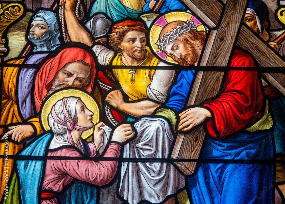 Fototapeta premium Stained glass (1914) of The Way of the Cross. Sixth station: Veronica wipes Jesus' face.