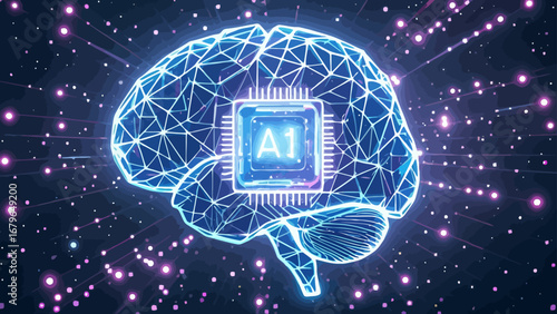 The brain outline is constructed through lines, polygons and light spots, with a fluorescent blue wireframe, a luminescent artificial intelligence chip embedded in a transparent crystal, and vector il