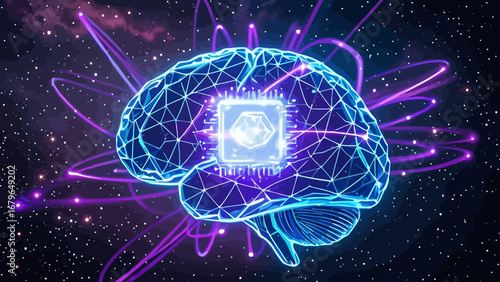 The brain outline is constructed through lines, polygons and light spots, with a fluorescent blue wireframe, a luminescent artificial intelligence chip embedded in a transparent crystal, and vector il