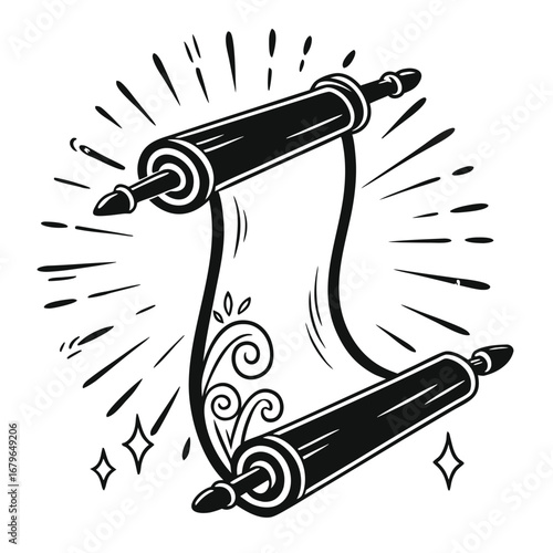 Ancient scroll glowing with spiral sparks silhouette