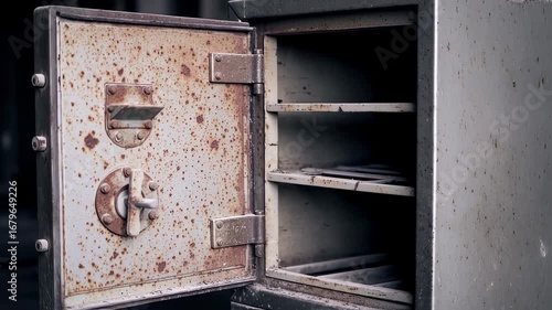 Vintage metal locker reveal, showing aged textures and worn patina with open doors exposing bare