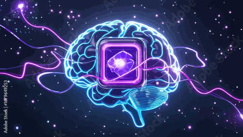 The brain outline is constructed through lines, polygons and light spots, with a fluorescent blue wireframe, a luminescent artificial intelligence chip embedded in a transparent crystal, and vector il