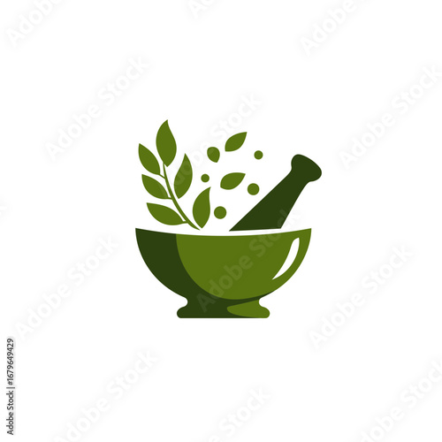 
A green, flat vector logo depicting an herbarium bowl with small leaves and a mortar and pestle, set against a white background.
