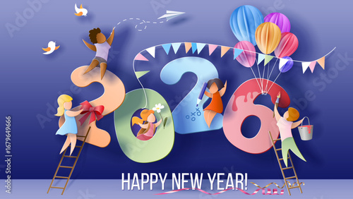 2025 New Year design card with kids on blue background. Paper cut and craft style.