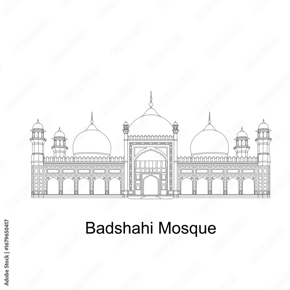 Obraz premium Badshahi Mosque: Lahore, Pakistan - Architectural Line Drawing