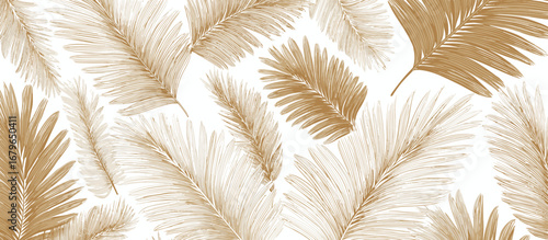 
Abstract beige and white pattern with palm leaves, seamless wallpaper design, white background, simple lines. 