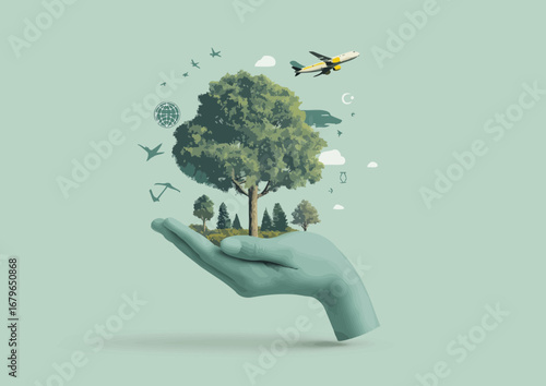 Minimalist collage of an open hand holding a tree, with icons for global travel and air flight around it on a light green background. The plane is flying over the globe, symbolizing trevel.
