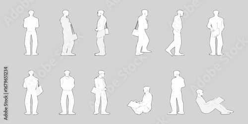 Collection of stylized white human figures in various poses and activities against a neutral gray background