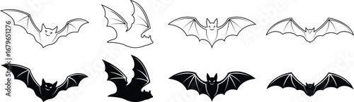 Flying bat icon set. Halloween bats vector illustration on isolated transparent background. Black and outline bat silhouette icon design.
