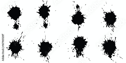 Collection of eight black ink splatters and splashes on a white background