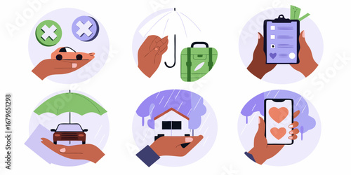 Set of illustrations depicting various types of insurance and protection services for cars travel and homes