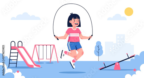 Illustration of a young girl skipping rope at the playground for recreational activity