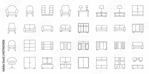 Collection of simple line art icons representing various furniture pieces and home decor items
