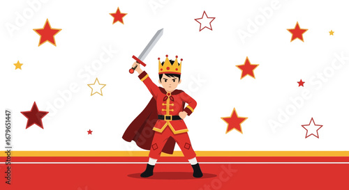 Illustration of a young king holding a sword with stars in the background